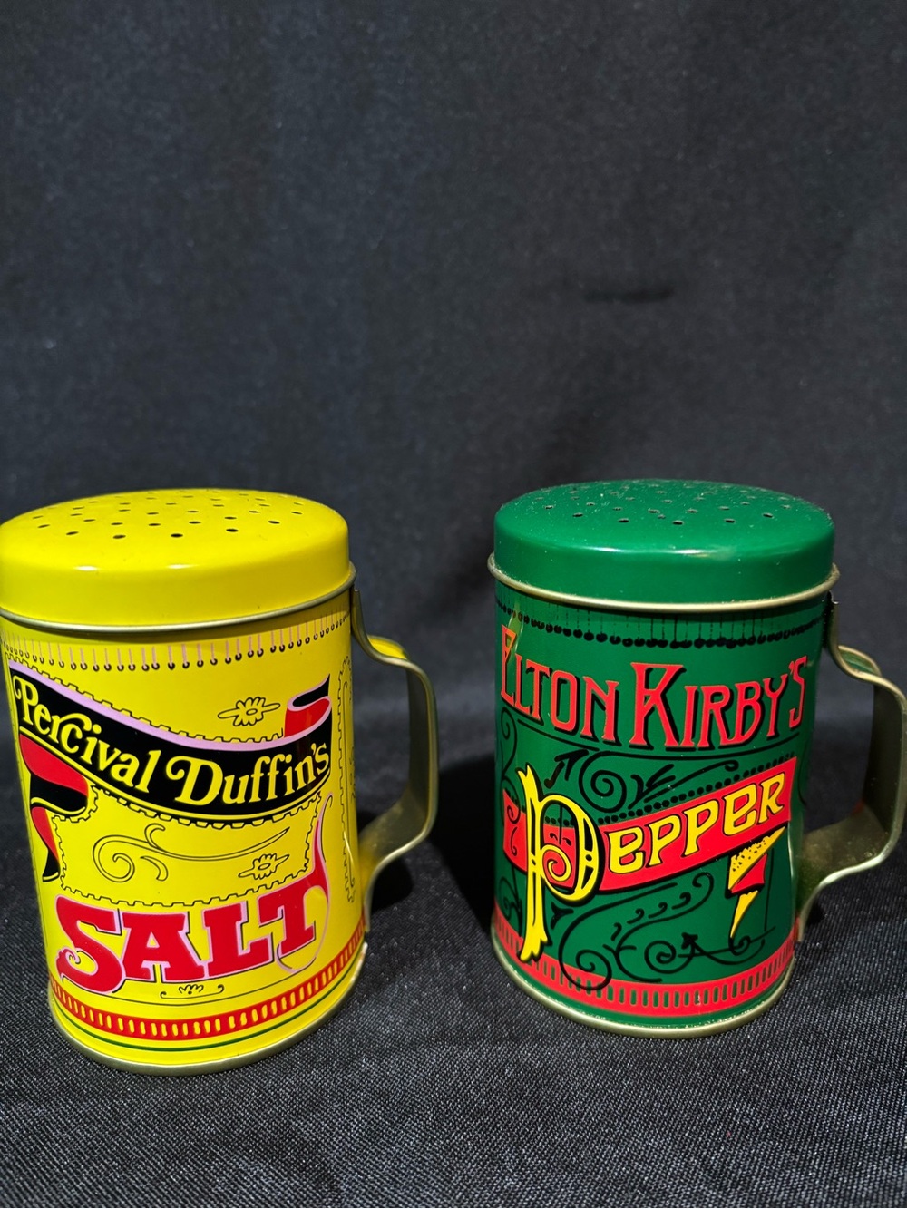 Percival Duffin's Salt Elton Kirby's Pepper Green Yellow Salt & Pepper Shakers